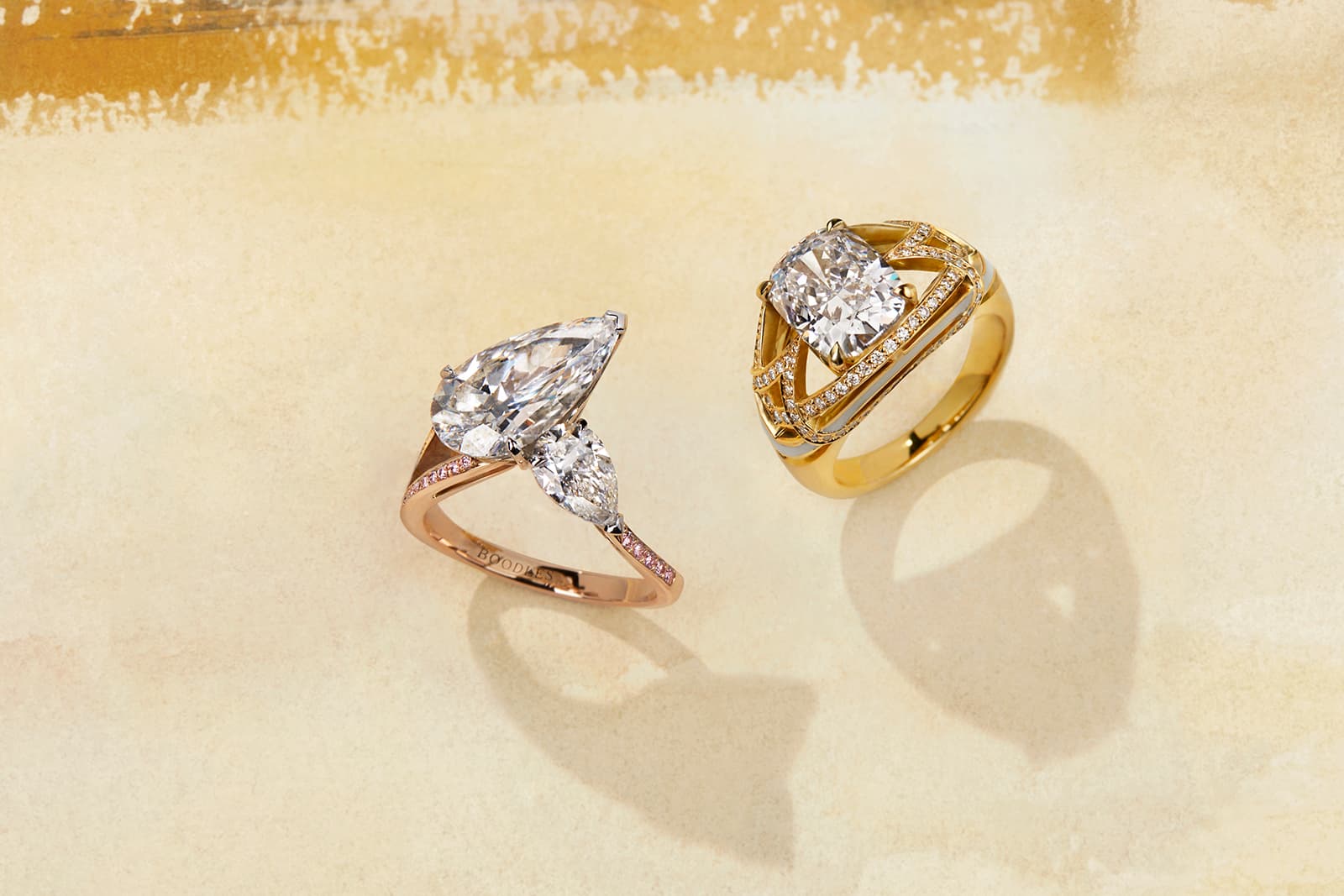  Boodles Cullinan Mine Gemini diamond ring (left) and a 4 carat cushion-cut diamond ring from the ‘Around the World in 16 Days’ High Jewellery collection, inspired by the famous South African diamond mine 