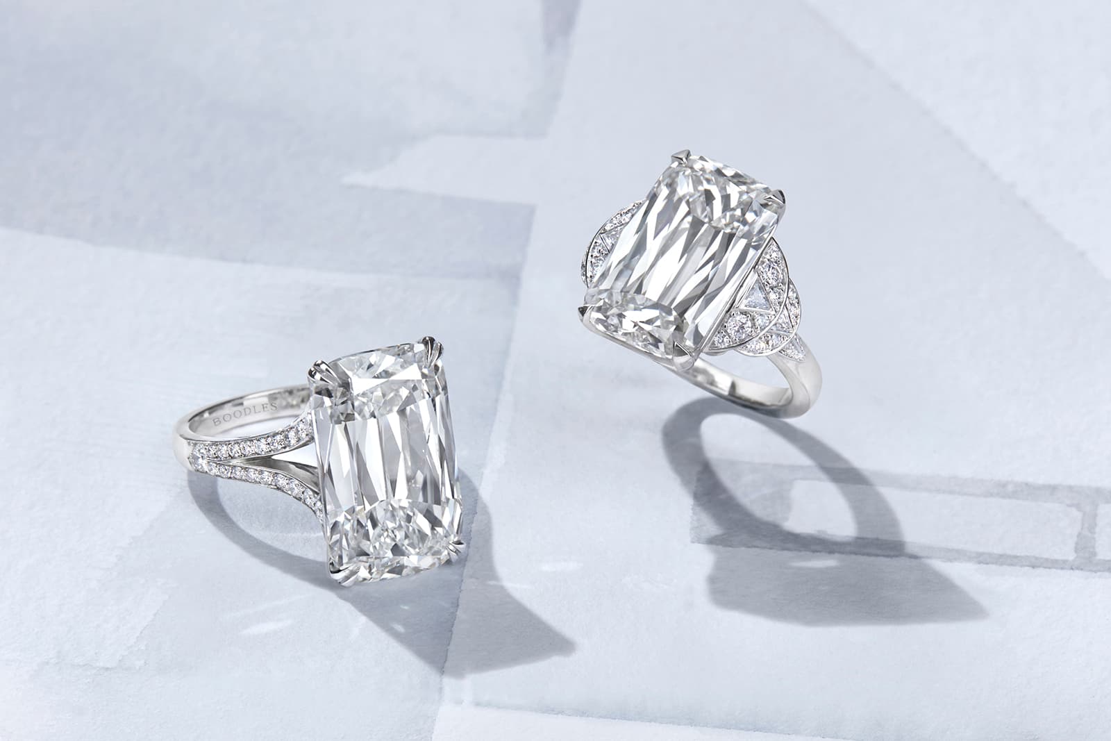  Boodles New York Ashoka-cut diamond rings of 10 and 14 carats respectively from the ‘Around the World in 16 Days’ High Jewellery collection, inspired by New York City, USA