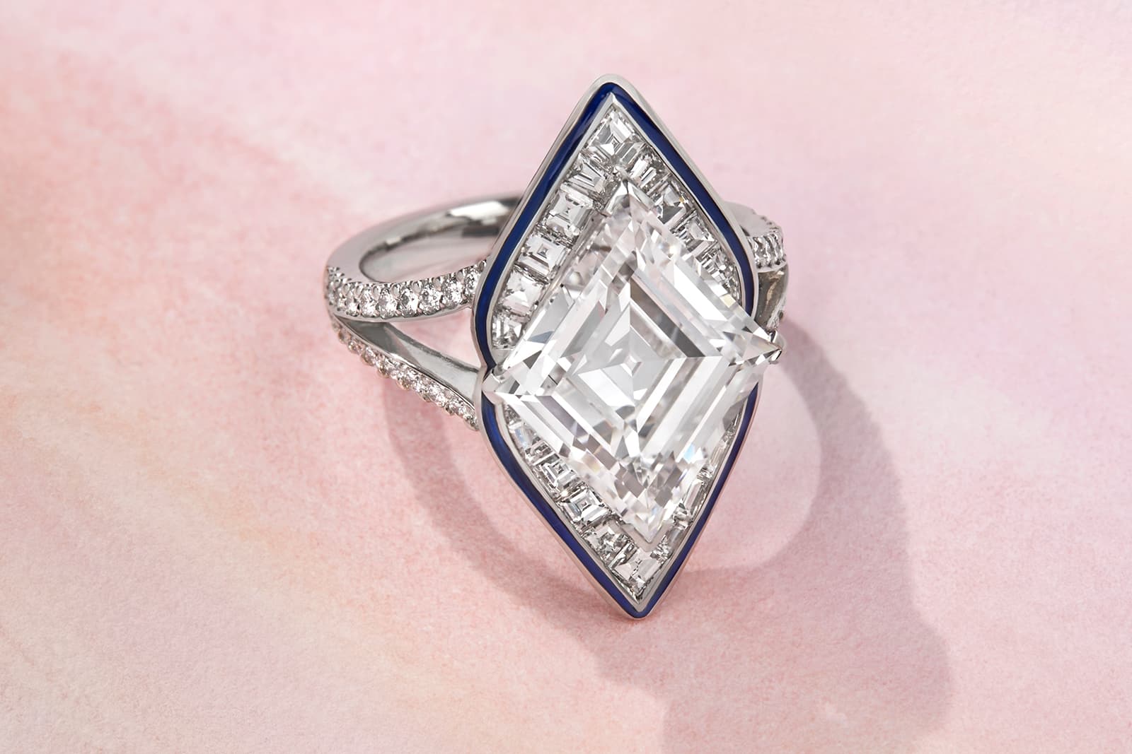  Boodles Paris ring with a 6 carat lozenge-shaped diamond from the ‘Around the World in 16 Days’ High Jewellery collection, inspired by the Louvre Museum in Paris, France