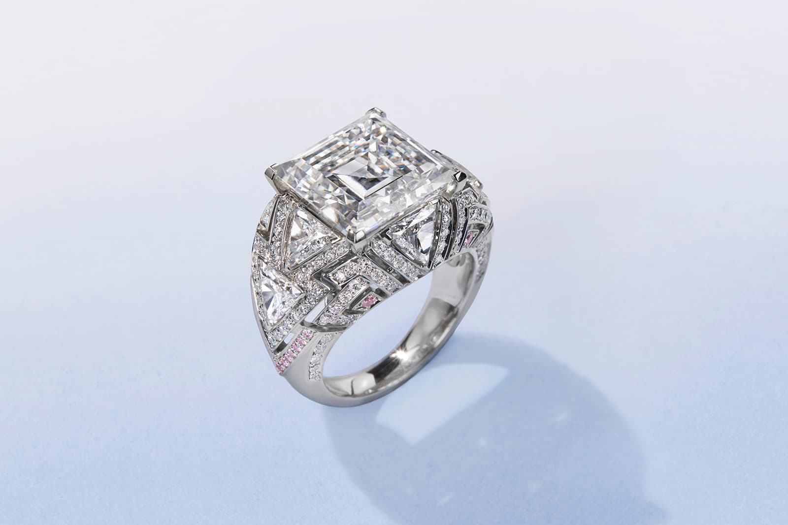  Boodles Patagonia ring with a 10 carat square-cut diamond and six trilliant-cut diamonds from the ‘Around the World in 16 Days’ High Jewellery collection, inspired by the volcanoes and glaciers of Chile, South America