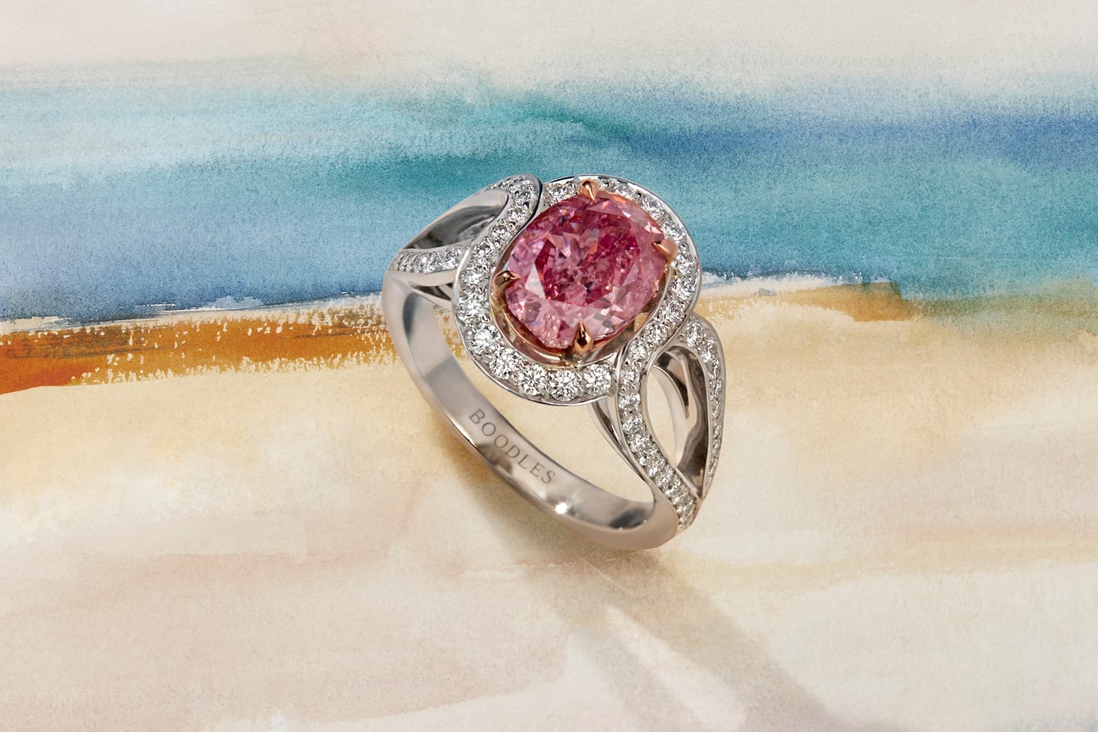  Boodles South Africa ring with a 2.5 carat fancy vivid pink diamond from the ‘Around the World in 16 Days’ High Jewellery collection, inspired by the ‘natural playground’ of South Africa