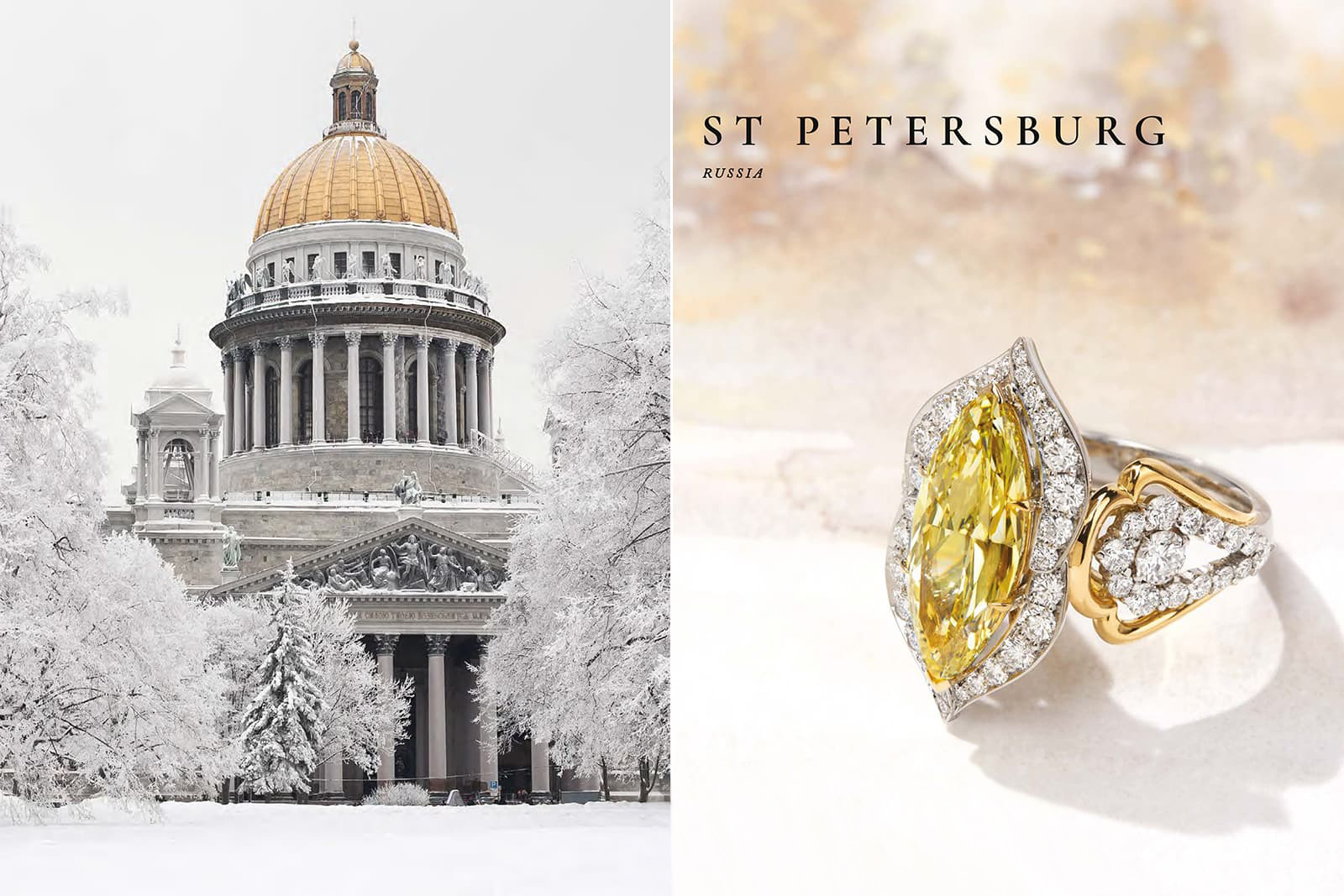Boodles St. Petersburg ring with an elongated yellow diamond and white diamonds from the ‘Around the World in 16 Days’ High Jewellery collection, inspired by the Fontanka river in St. Petersburg, Russia 