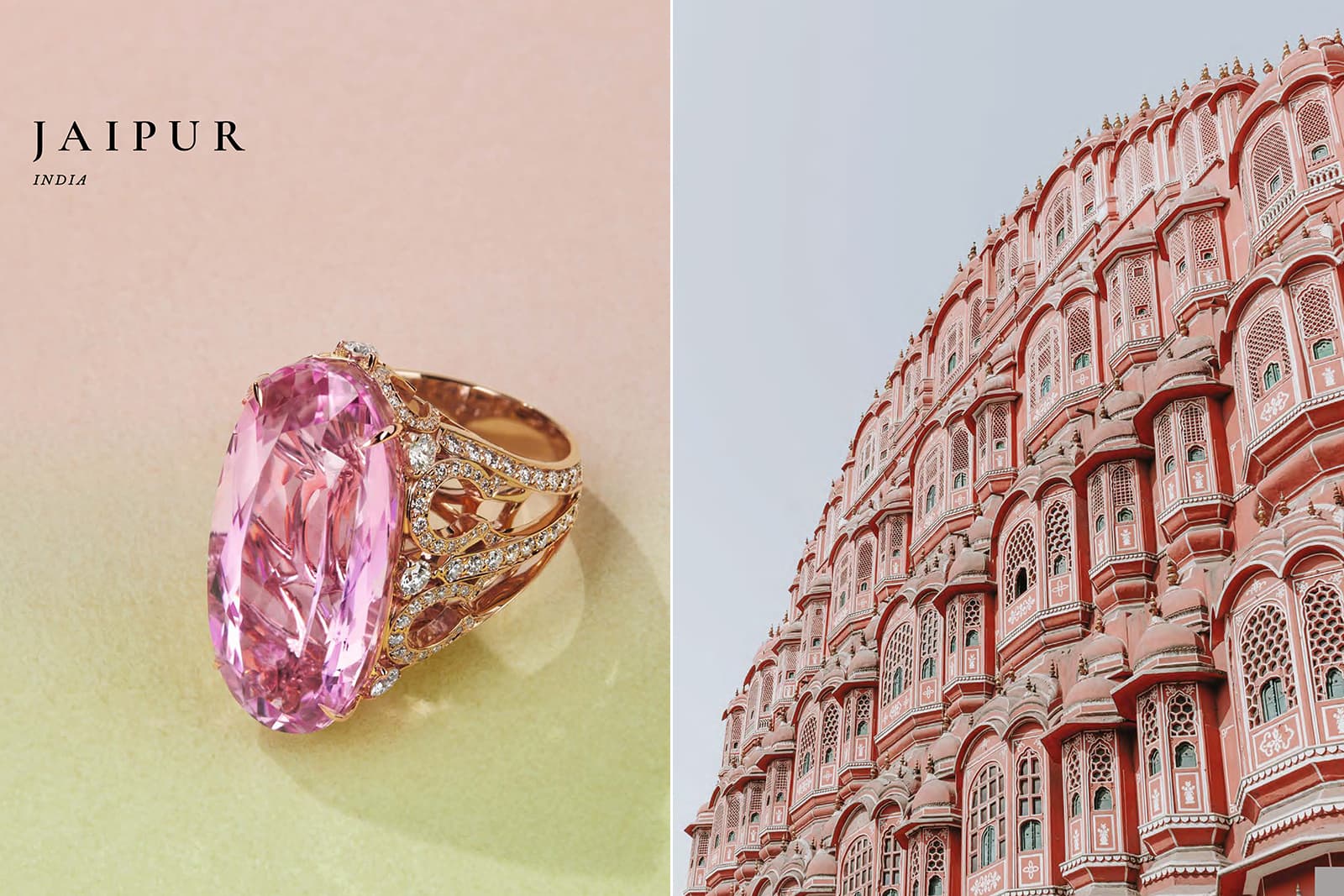 Кольцо Boodles Jaipur с розовым морганитом 21 карат из коллекции высокого ювелирного искусства «Вокруг света за 16 дней», вдохновленное знаменитым «розовым дворцом» Хава-Махал в Джайпуре, Индия