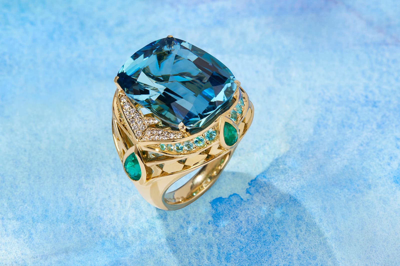 Boodles Marrakesh ring with a 17-carat aquamarine from the ‘Around the World in 16 Days’ High Jewellery collection, inspired by colours of Marrakesh, Morocco 