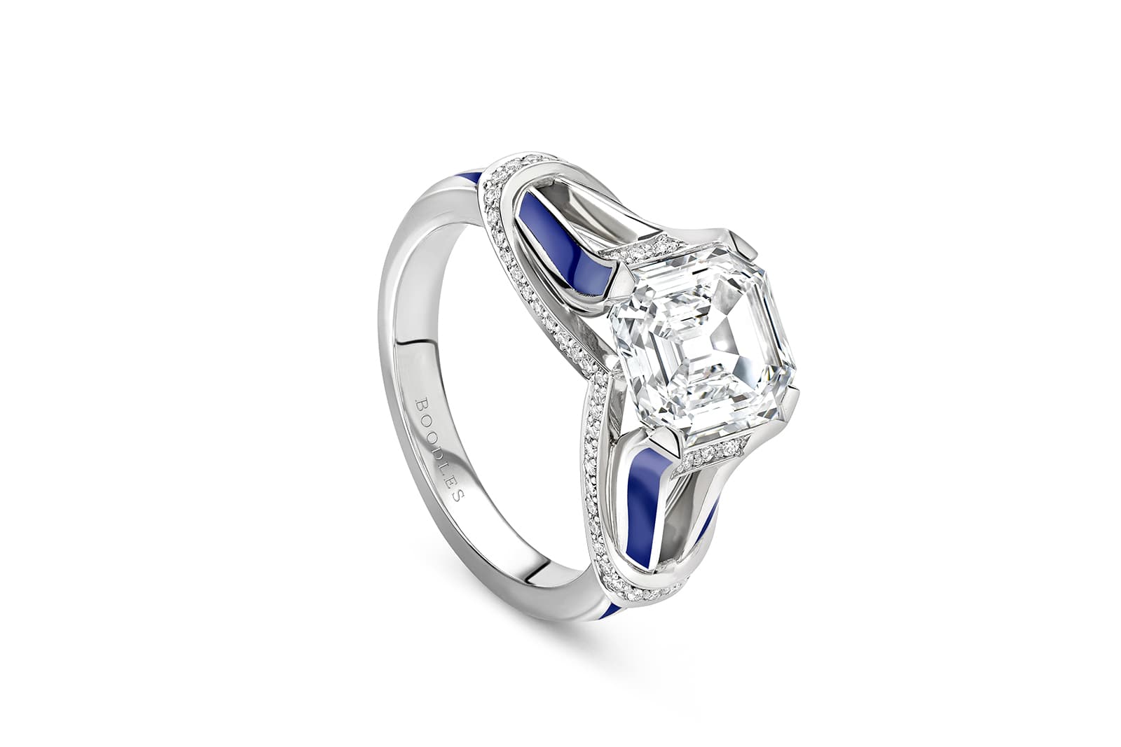 Boodles London asscher-cut diamond ring with blue enamel from the ‘Around the World in 16 Days’ High Jewellery collection, inspired by Tower Bridge, London, United Kingdom 