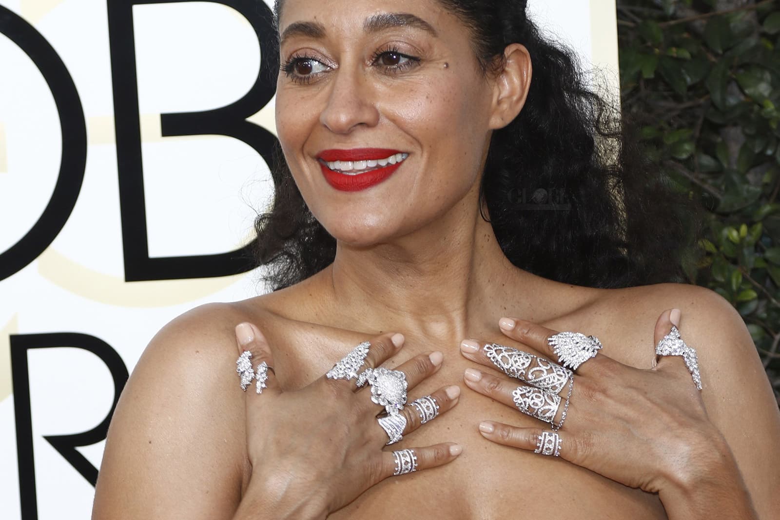 Actress Tracee Ellis Ross at the 2017 Golden Globe Awards wearing an excess of rings, some designed by Yeprem