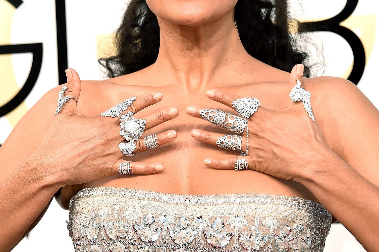  Actress Tracee Ellis Ross took a maximalist approach to jewellery at the 2017 Golden Globe Awards