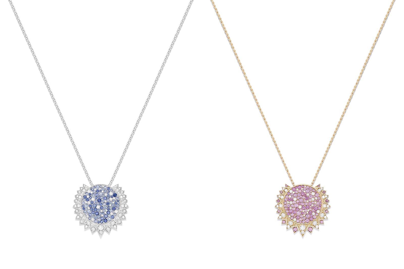  Piaget Sunlight pendants with blue or pink sapphires and diamonds in 18k gold 