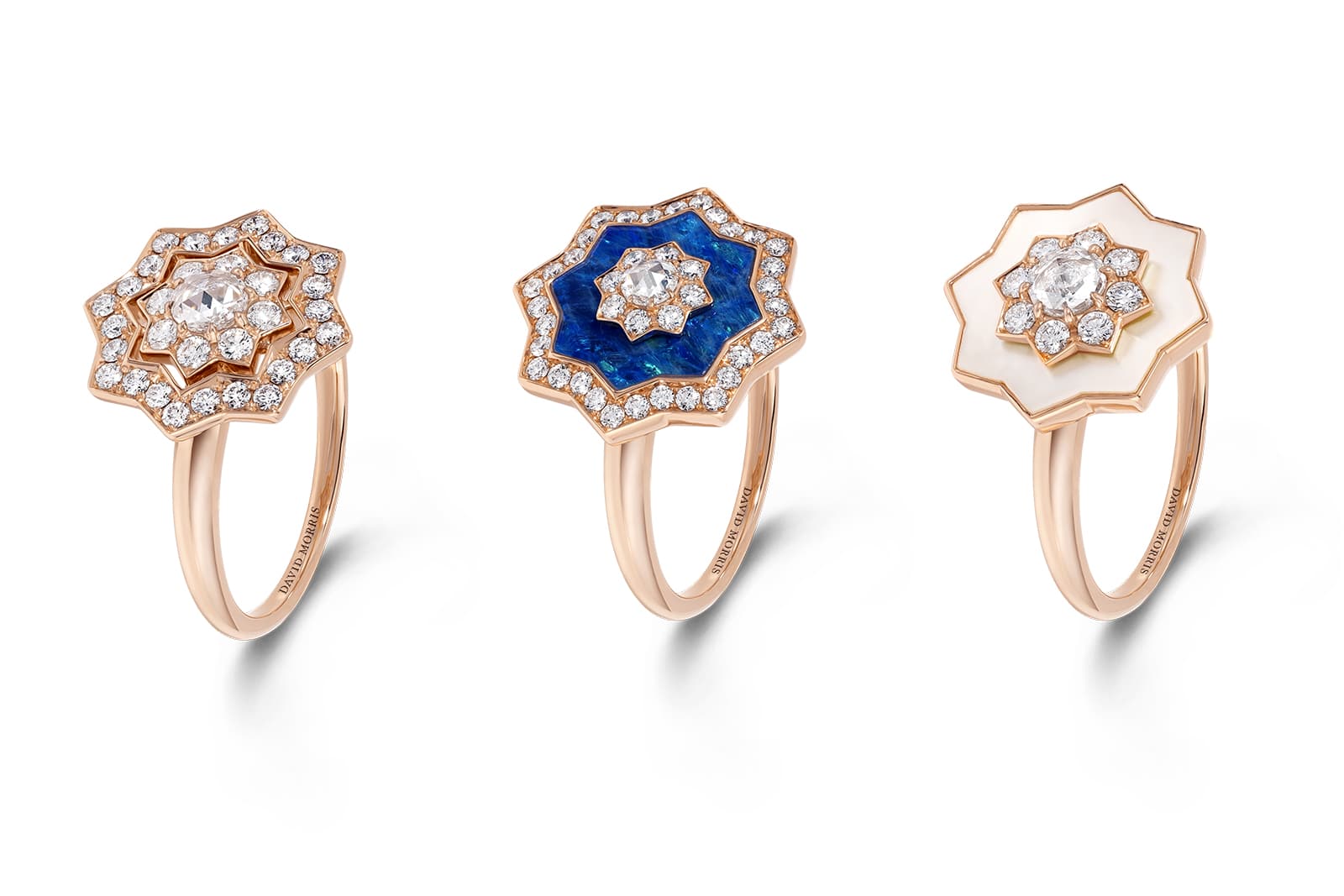  David Morris Astra collection rings with an eight-pointed star shape
