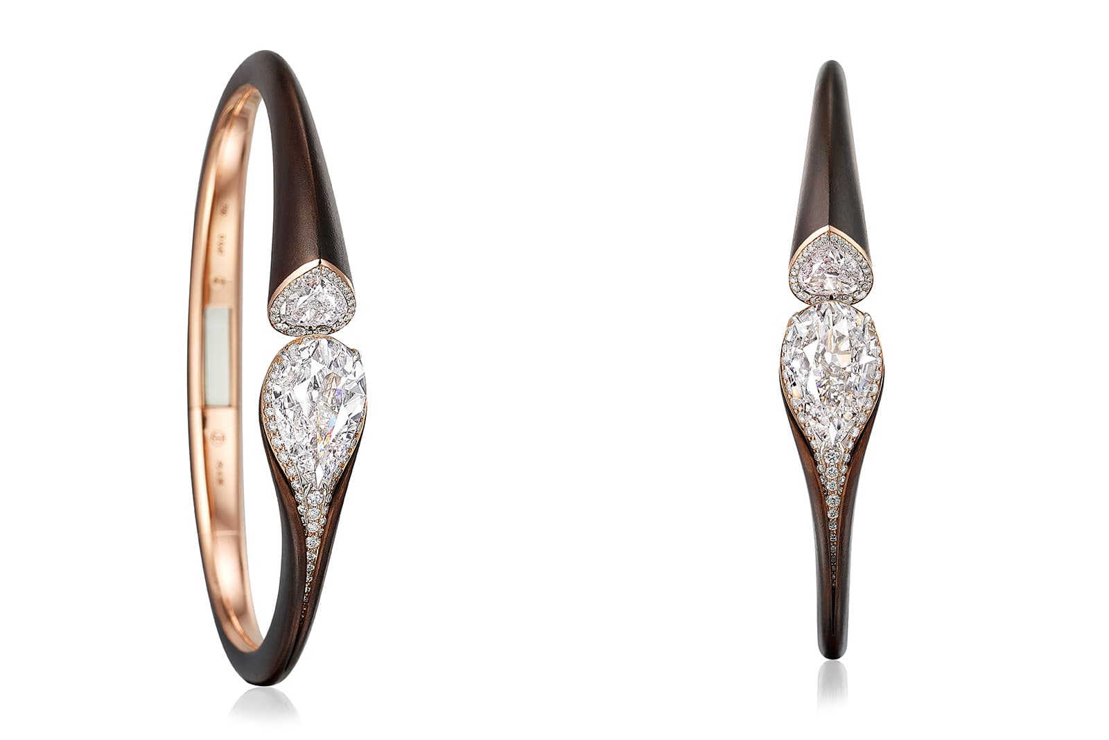  FORMS MUSE pear-shaped diamond bangle in 18k rose gold and bronze, set with two pear-shaped diamonds of nearly 5 carats total