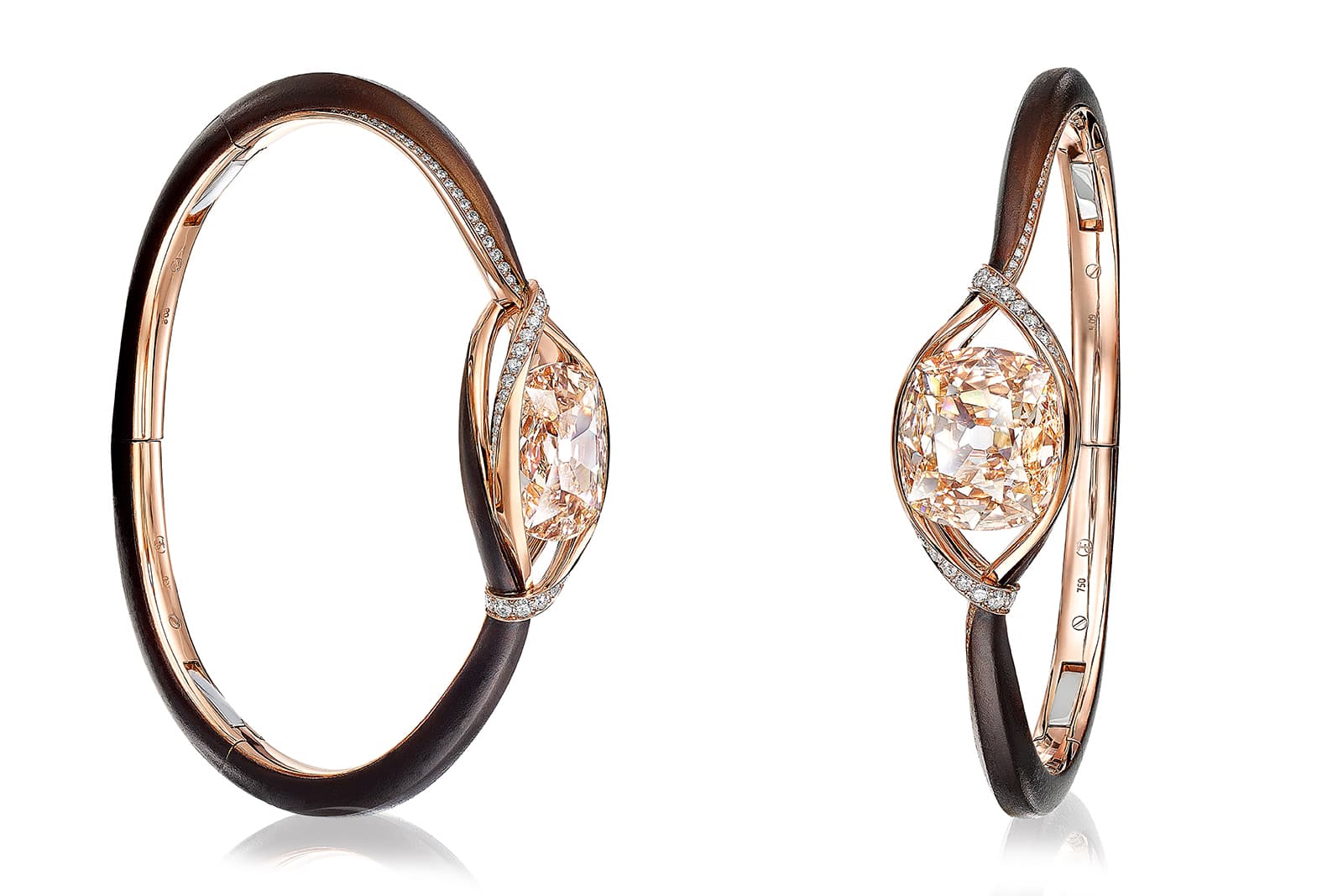 FORMS MUSE cushion-shaped diamond bangle in 18k rose gold and bronze, set with a 9.09 carat light brown diamond 