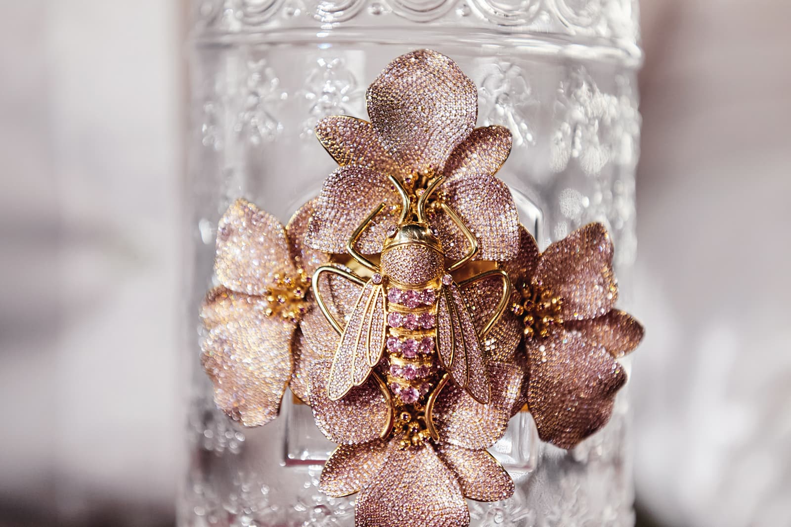  A closer look at the jewelled element of the Bee Bottle, which also features a bee motif in the glass itself
