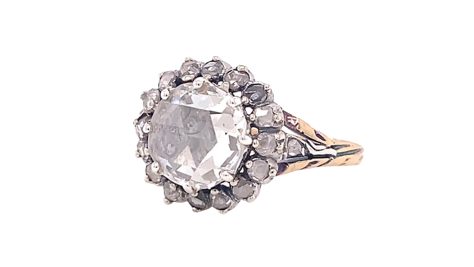  Antique Georgian GIA 1.29  Round Rose Cut Diamond Cluster Gold Engagement Ring
