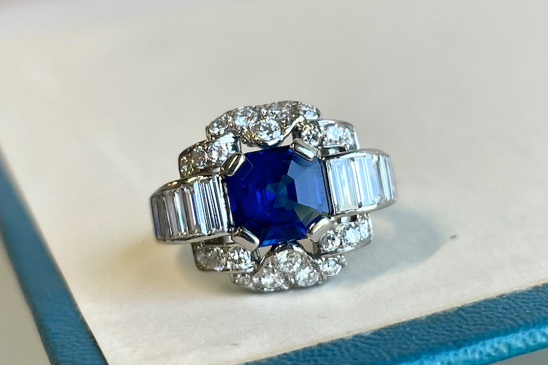  Jack Weir & Sons retro 2.23 carat sapphire and diamond engagement ring 