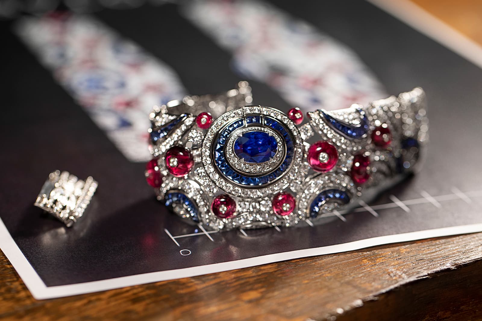  The Bulgari Celestial Sky High Jewellery secret watch with Baroque motifs accentuated by tourmaline cabochons, baguette cut sapphires and diamonds