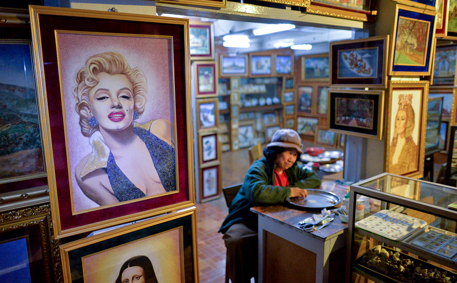 A selection of gemstone paintings available to purchase in Mogok