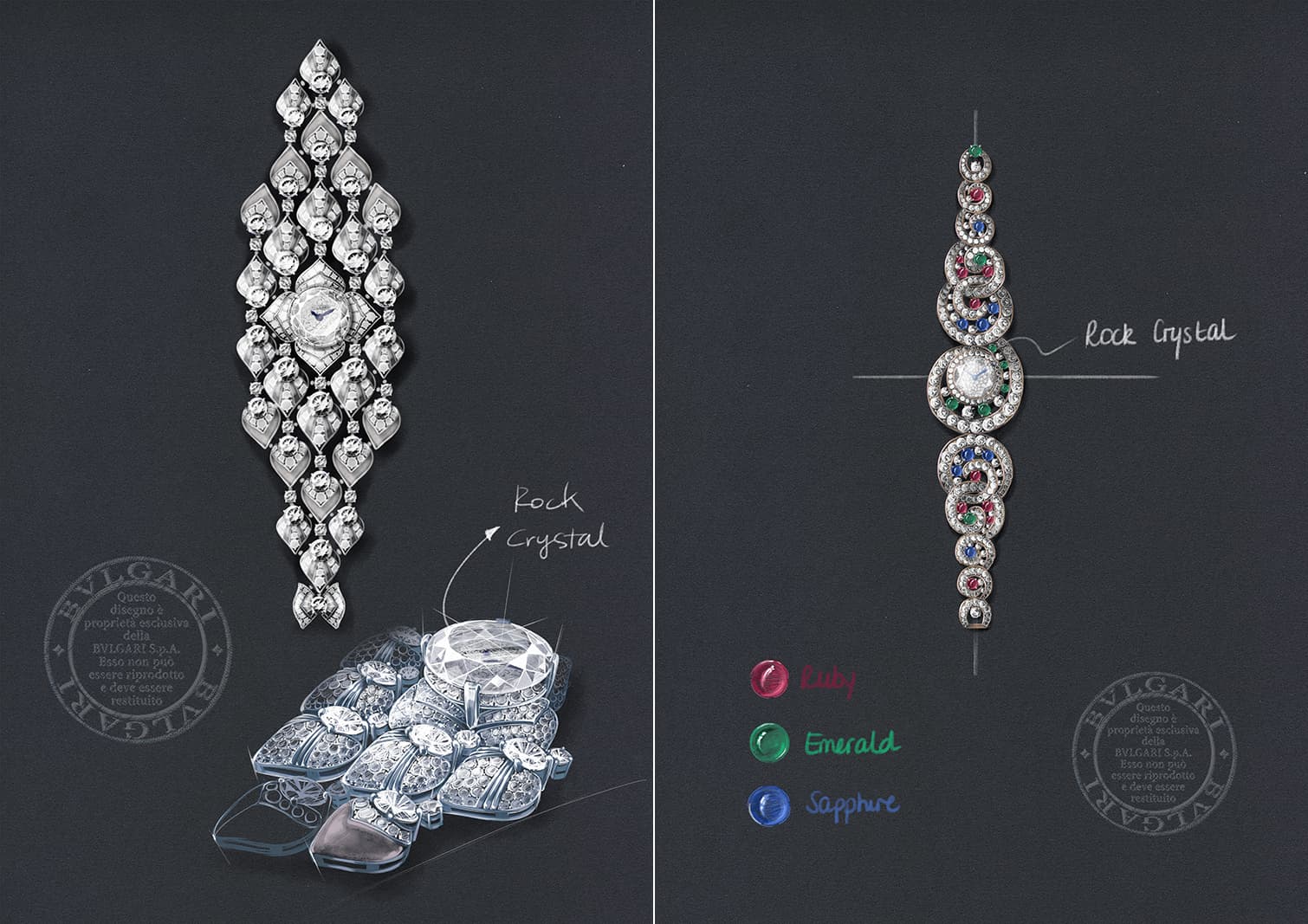 Эскизы часов Bulgari Baroque Spiral и Diamond Swan High Jewellery из коллекции MAGNIFICA
