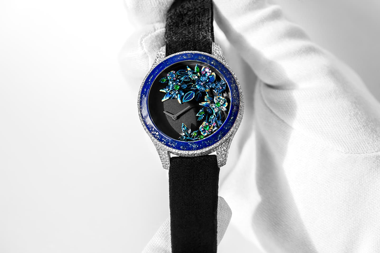 Dior Grand Soir Jardins de Nuit watch with golden branches, scarab-beetle elytra leaves and a velvet strap