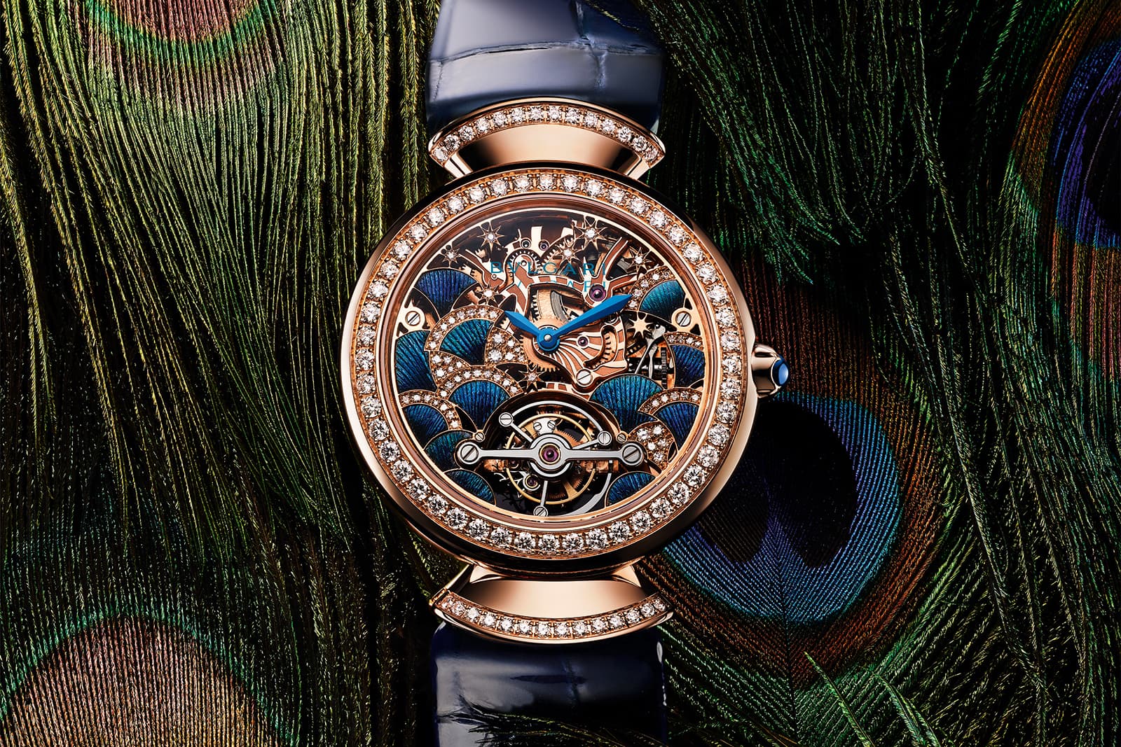  The Bulgari Diva’s Dream Peacock Tourbillon Lumiere watch with a skeletonized dial decorated with natural peacock feather marquetry and snow-pavé set diamonds