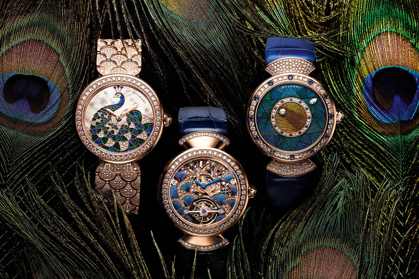 The three new Diva’s Dream watches created by Bulgari for 2021, including the Peacock Dischi, Peacock Diamonds and the Peacock Tourbillon Lumière