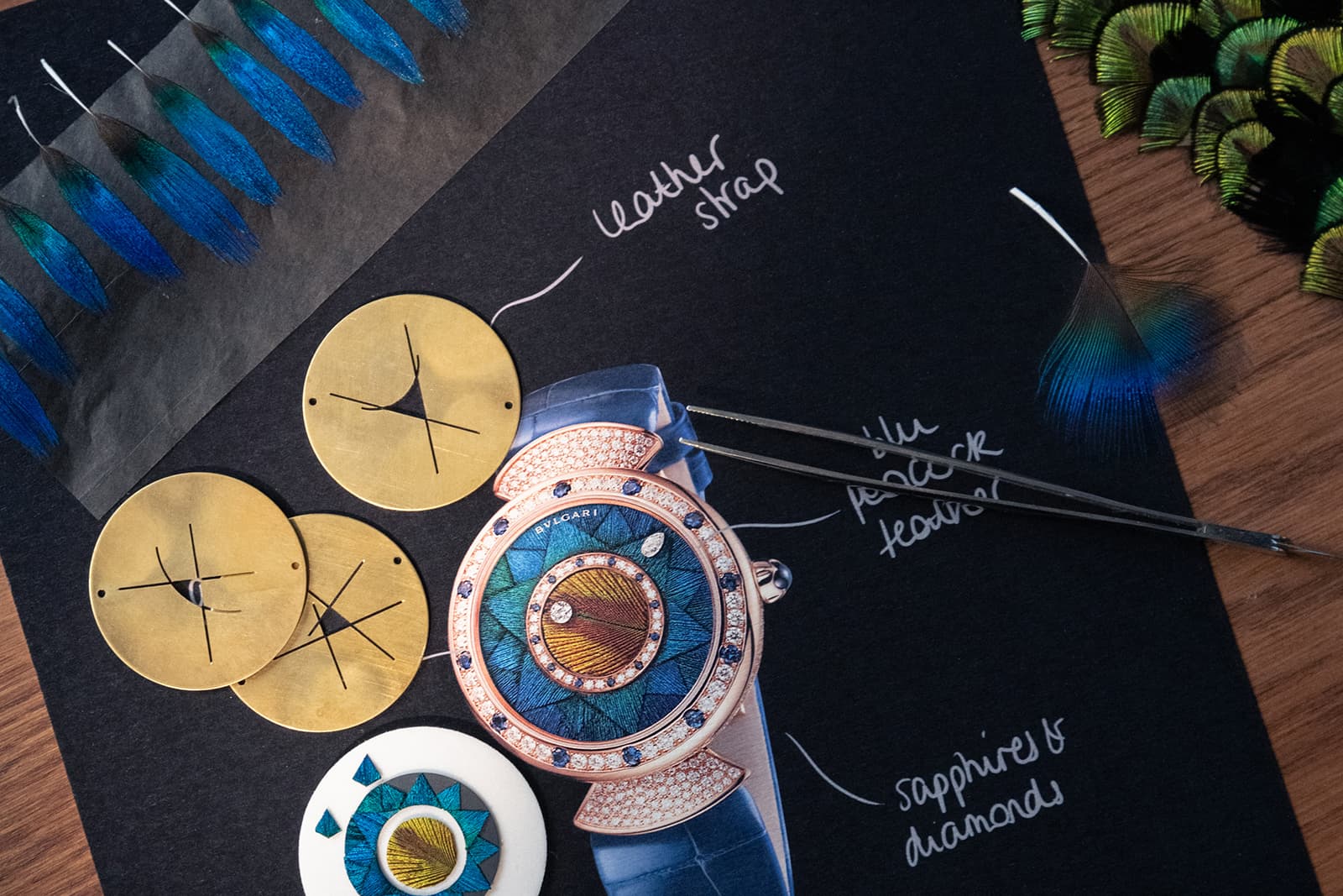  The Bulgari Diva’s Dream Peacock Dischi with a sapphire and diamond-set bezel and natural peacock feather marquetry