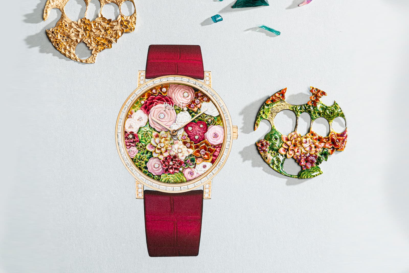 Piaget Altiplano Rose Bouquet Métiers d’Art watch with a dial adorned with ornamental stones, gold and enamel 