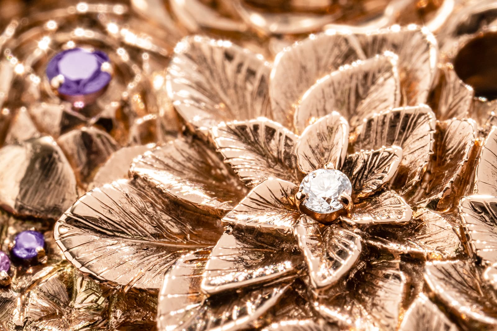  Flowers carved from gold and set with coloured gemstones and diamonds feature in the Piaget Rose collection of watches