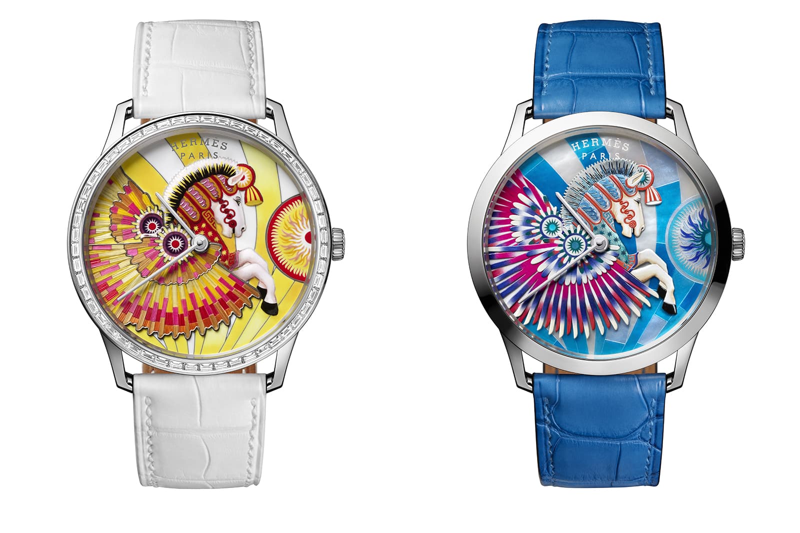  The two variations of the Slim d’Hermès La Source de Pégase watch with a miniature painting on mother-of-pearl