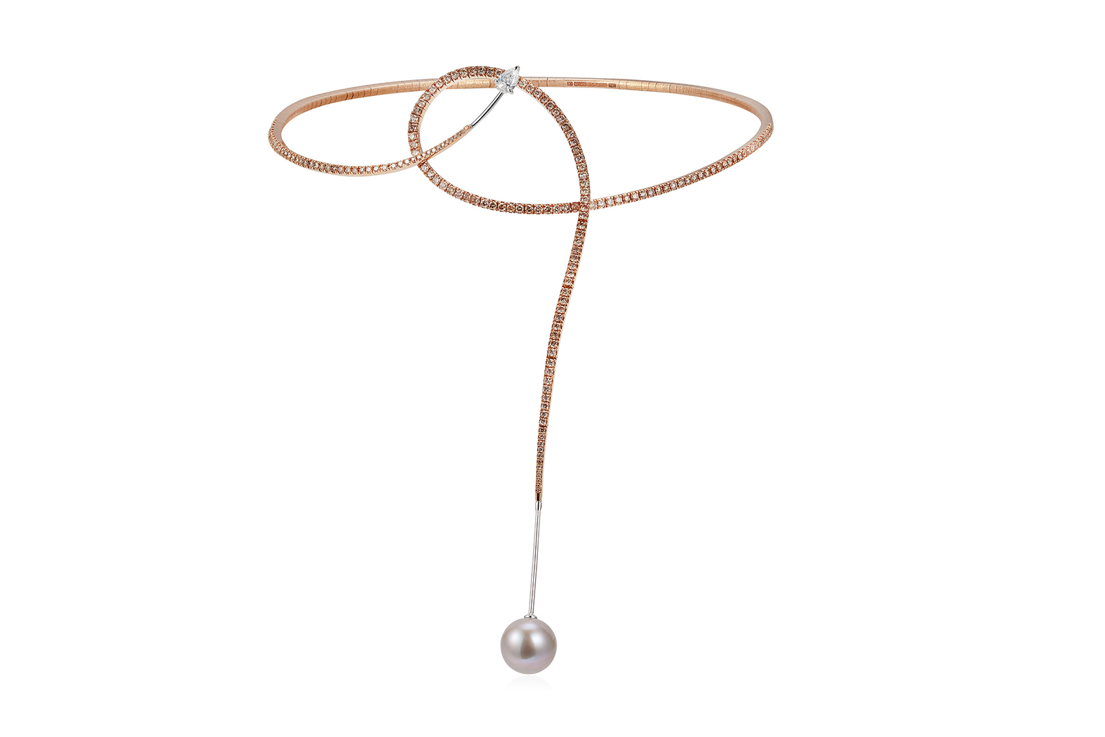  Mike Joseph Flamingo necklace in 18k rose gold with white diamonds, brown diamonds and a removable grey pearl