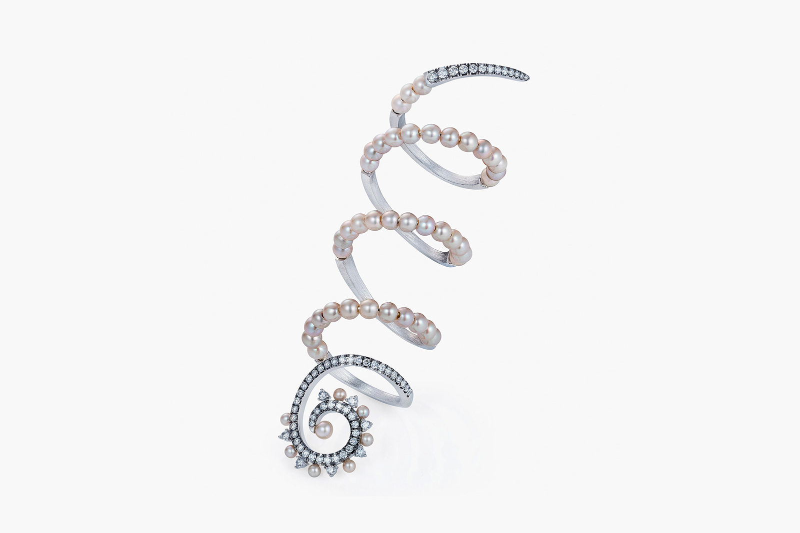  Mike Joseph Perla wraparound ring in 18k white gold with diamonds and pearls 