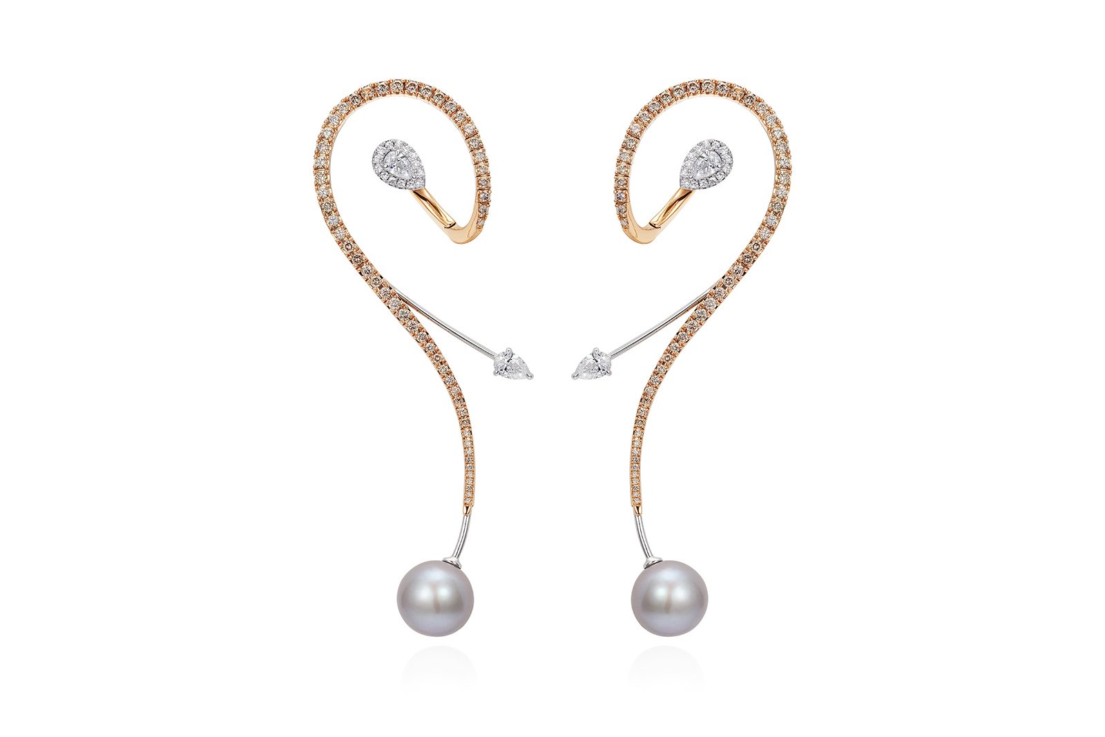  Mike Joseph Flamingo earrings in 18k rose gold with white diamonds, brown diamonds and removable grey pearls