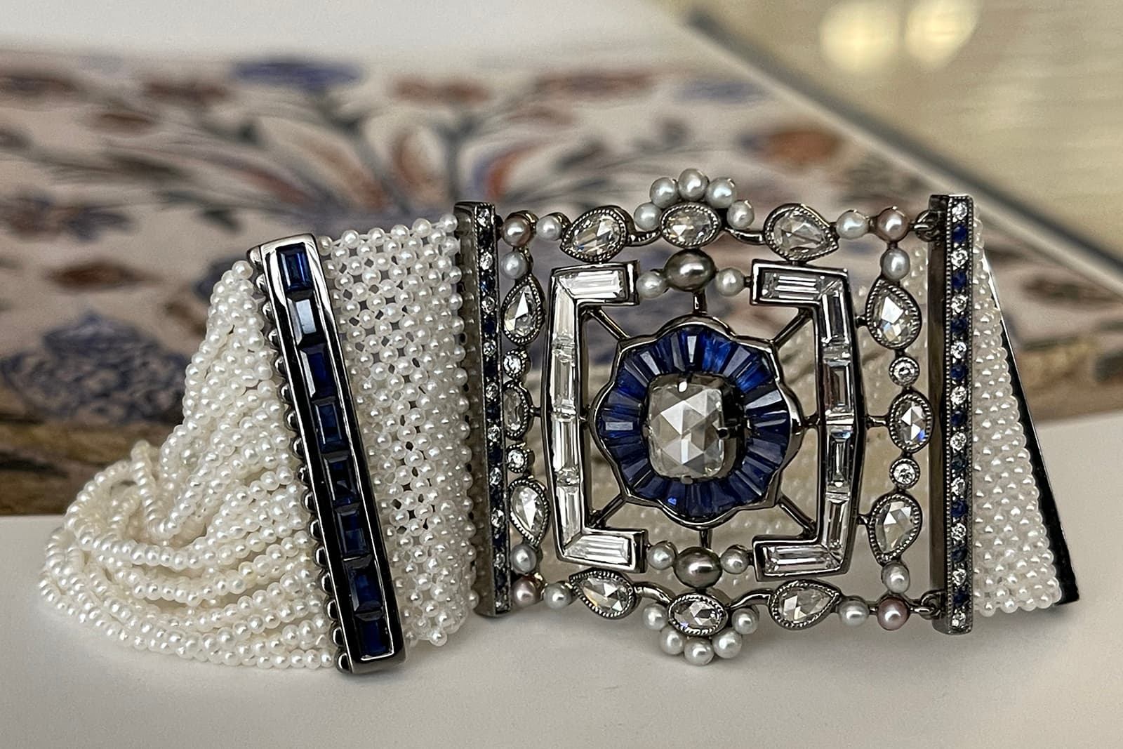 Moksh bracelet from the Taantvi Collection with keshi pearls, 18k oxidised gold, rose cut diamonds and blue sapphires