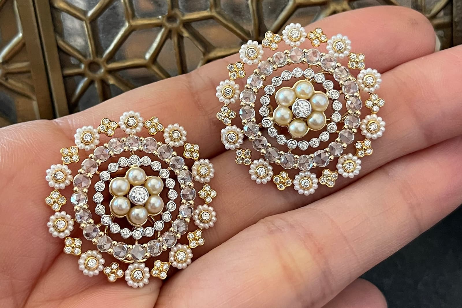  Moksh Maharani Tops filigree earrings from the Empress Collection with rose cut diamonds and pearls 