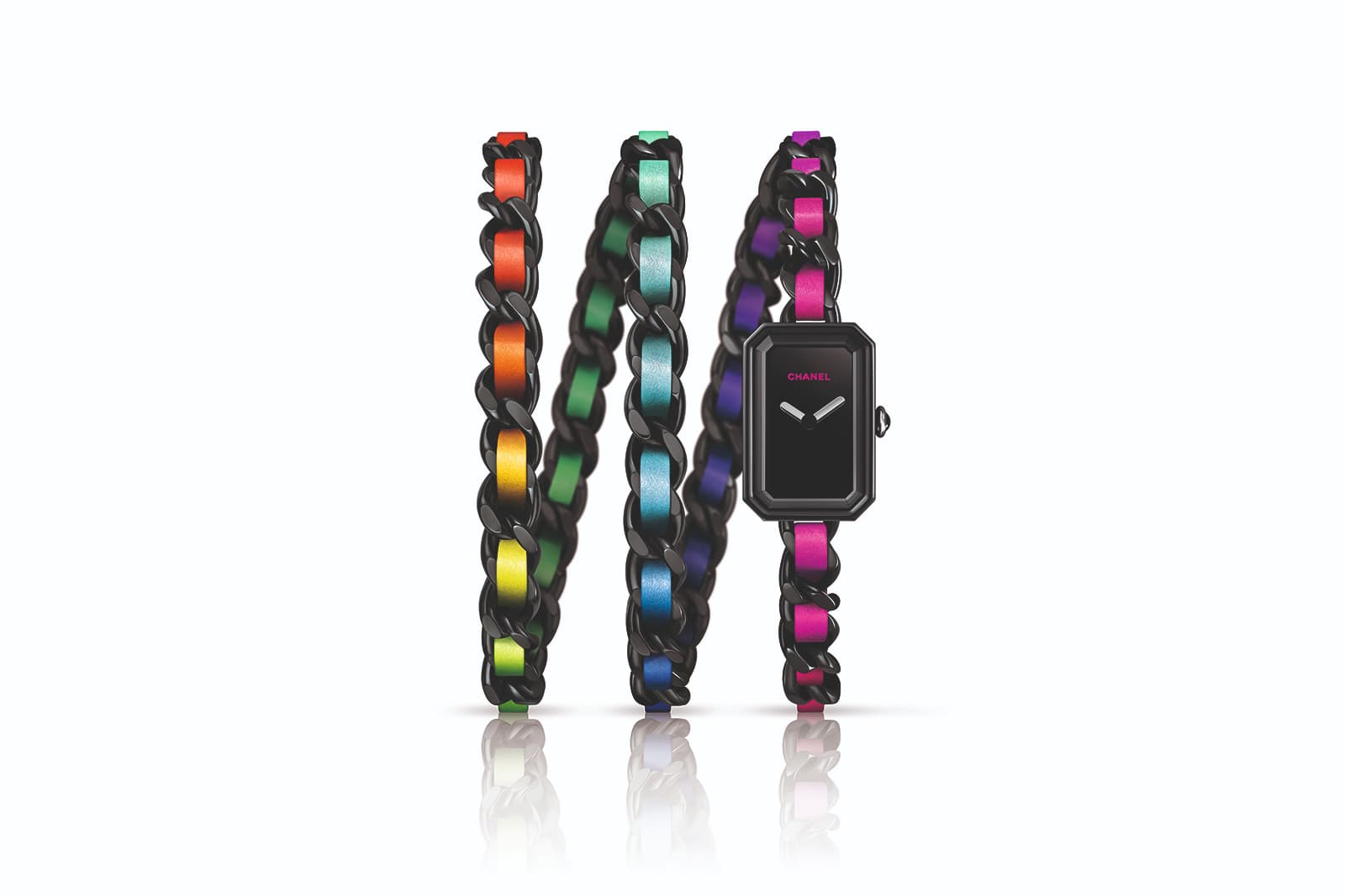  Chanel Première Electro watch with a chain bracelet strap interwoven with neon rainbow leather