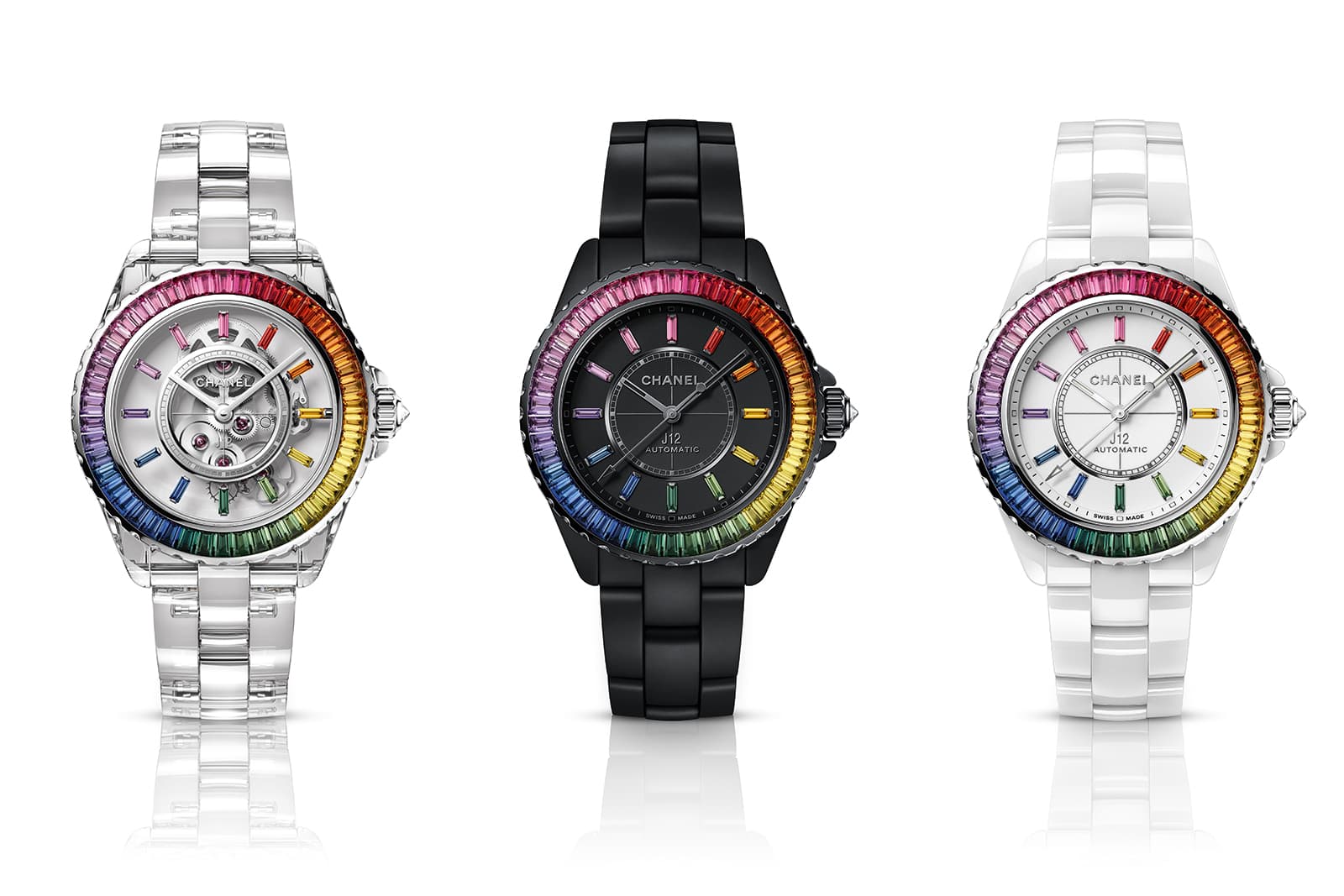 From left to right: Chanel J12 X -Ray Electro Caliber 3.1 watch, the Chanel J12 Electro Dream watch, and the Chanel J12 Electro Dream watch in white ceramic