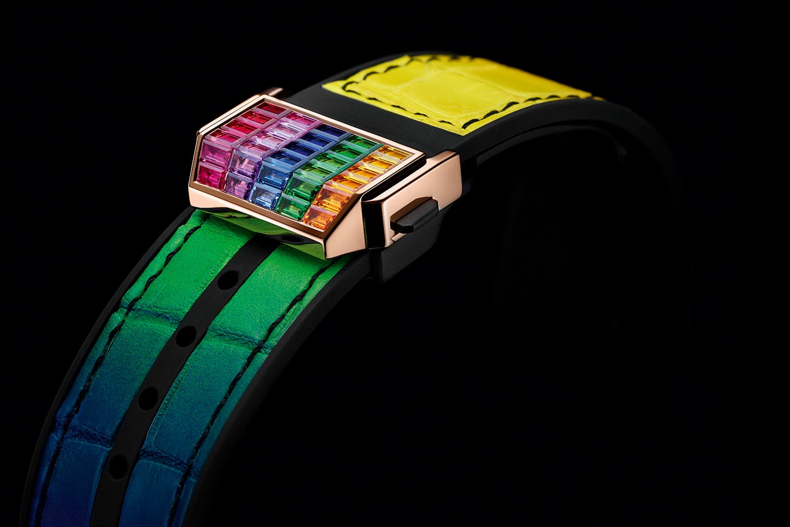  The multi-coloured gemstone clasp on the strap of the Hublot Big Bang Unico High Jewellery Rainbow watch 