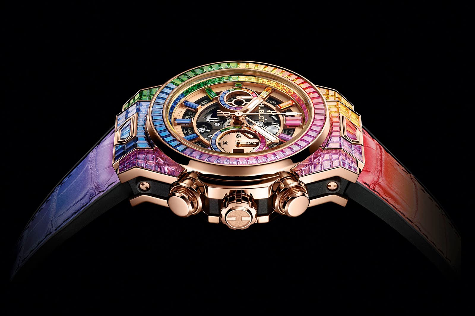  The rainbow effect on the Hublot Big Bang Unico High Jewellery Rainbow watch is created with rubies, amethysts, topazes, tsavorites and sapphires