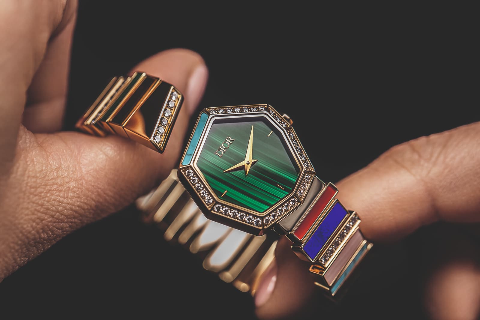 Dior GemDior watch with a malachite dial and a bracelet strap with malachite, lapis lazuli, carnelian, pink opal and tiger’s eye in yellow gold