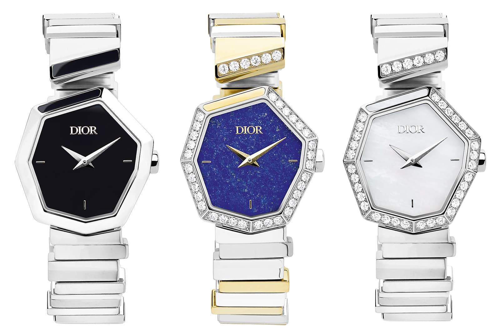  A trio of diamond-set Dior GemDior watches with dials of black mother of pearl, lapis lazuli and white mother of pearl