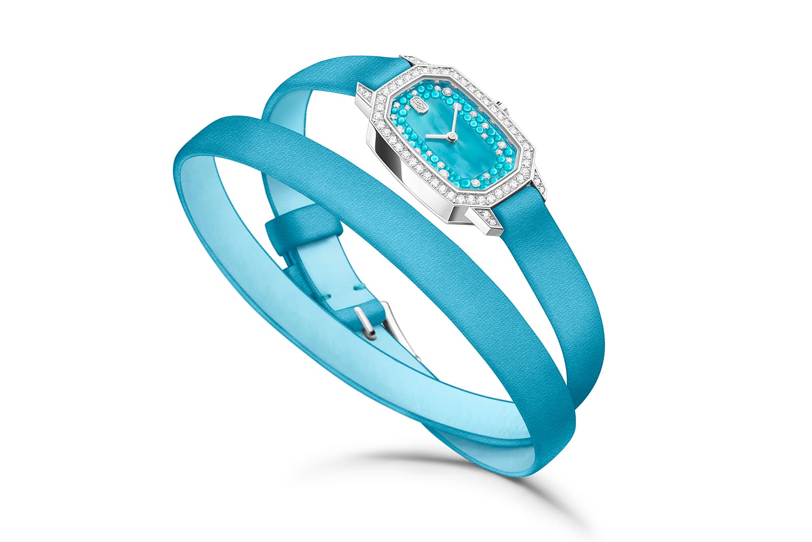  Harry Winston Emerald watch in the colour turquoise with a satin strap