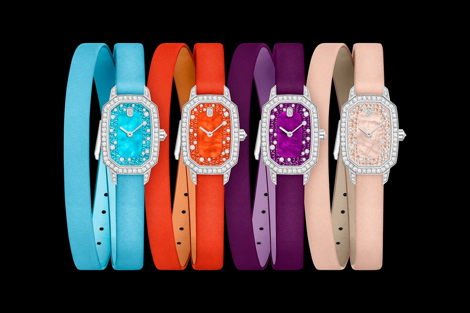Harry Winston Emerald watches in turquoise, orange, violet and champagne