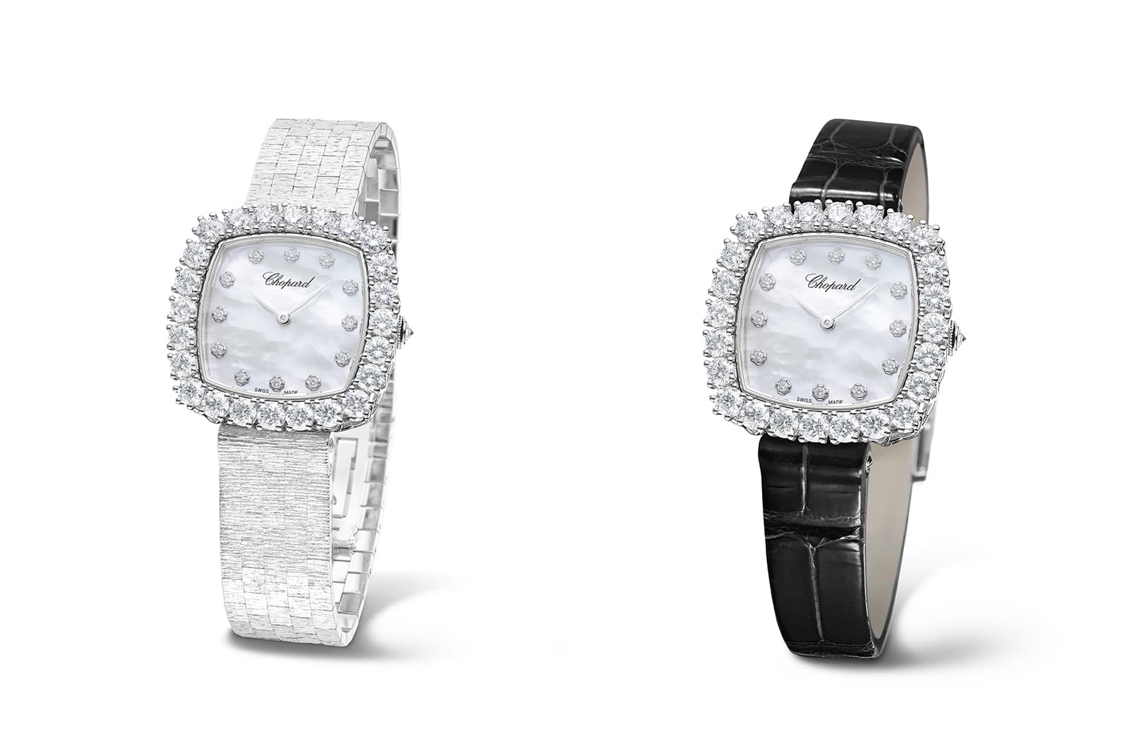  The Chopard L’Heure du Diamant watch with a 'knitted' white gold bracelet strap or black leather strap
