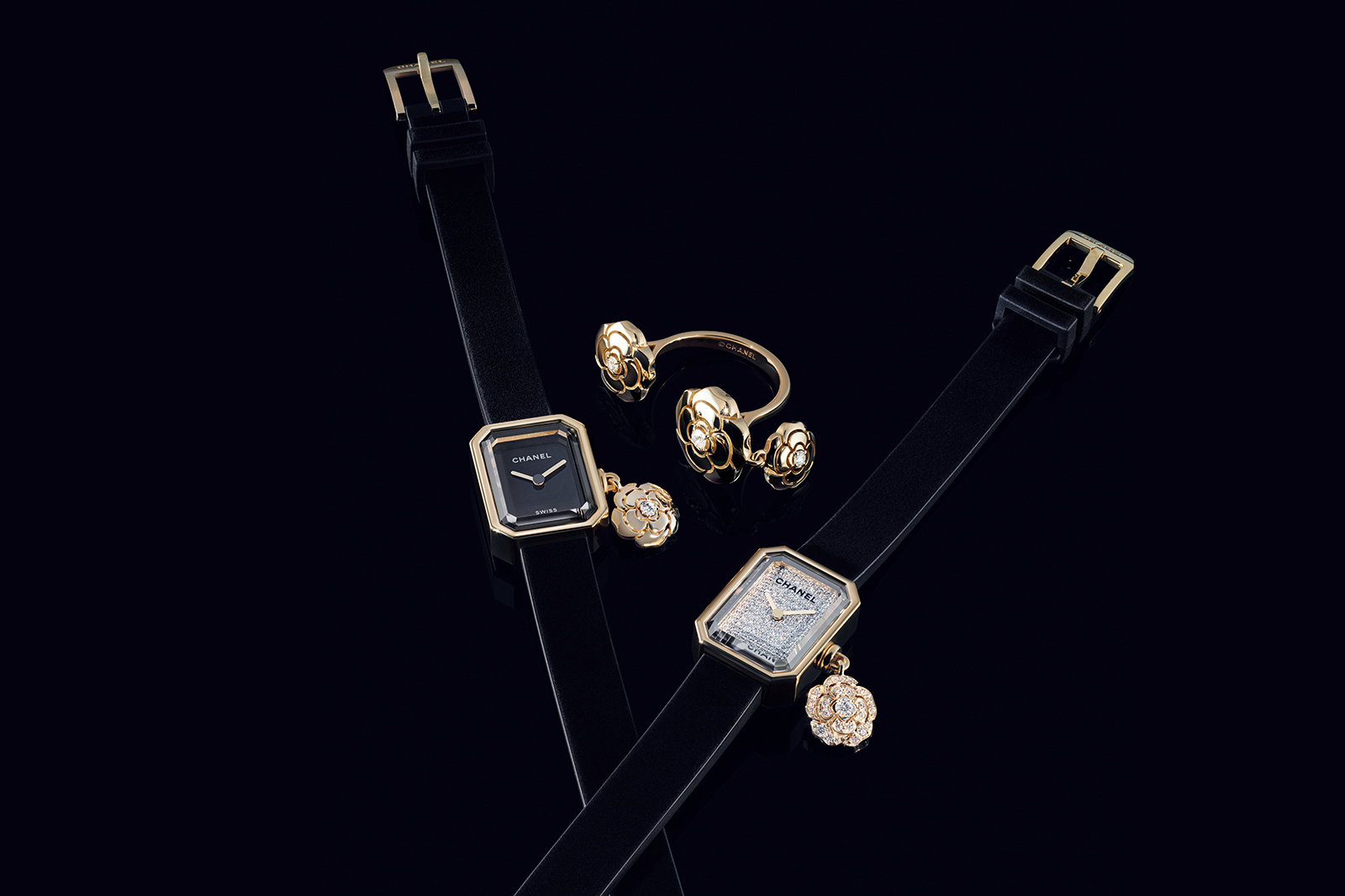 Two variations of the Chanel Première Extrait de Camélia watch and a matching ring