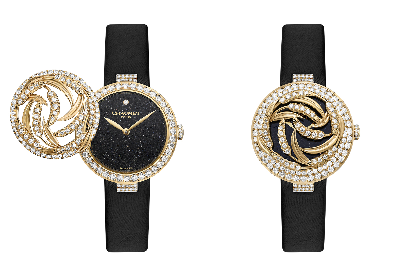 The Chaumet L’Épi de Blé secret watch with its openwork dial cover both open and closed