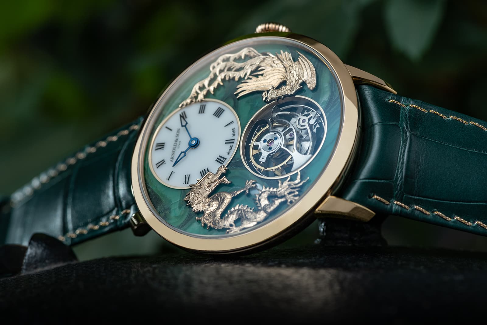  A closer look at the dial details on the Arnold & Son Ultrathin Tourbillon Dragon & Phoenix timepiece