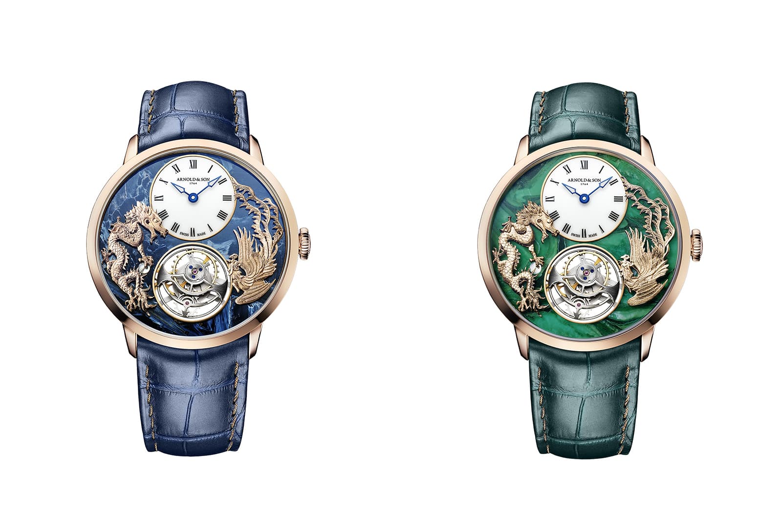  Blue and green colour variations of the Arnold & Son Ultrathin Tourbillon Dragon & Phoenix watch