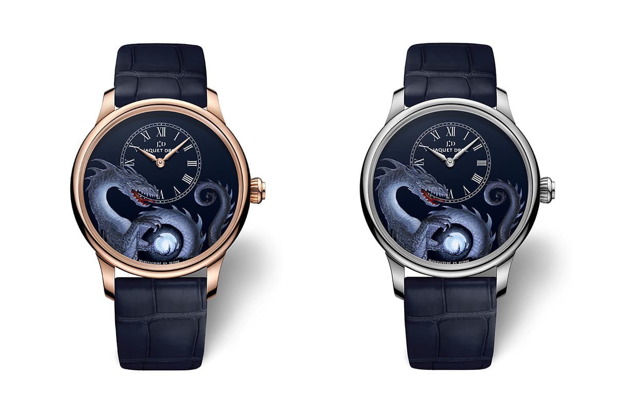  The two variations of the Jaquet Droz Petite Heure Minute Dragon watch in red or white gold 