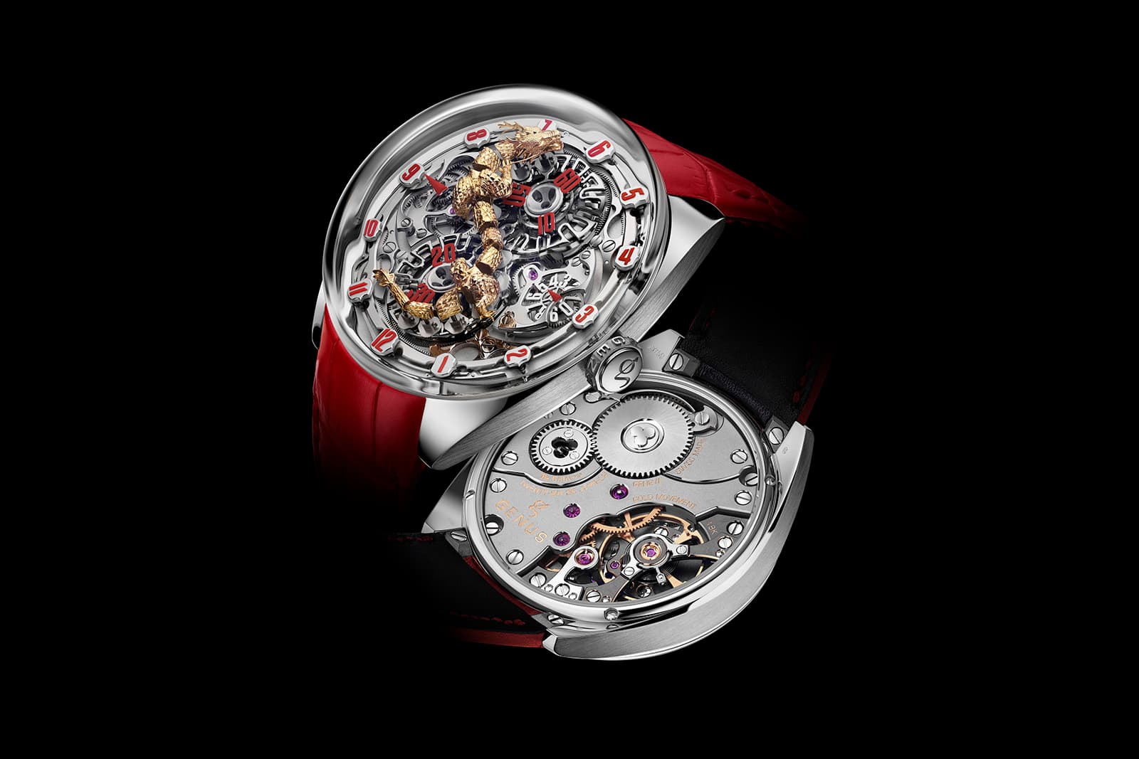  The GENUS Dragon watch contains a complex movement whereby the dragon’s head expressed the tens-of-minutes as they tick by