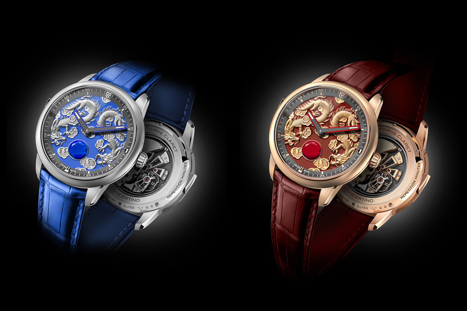 The Christophe Claret Concertino watch decorated with grand feu enamel, guilloche enamel and two ornamental engraved dragons that are curved around a gemstone cabochon 