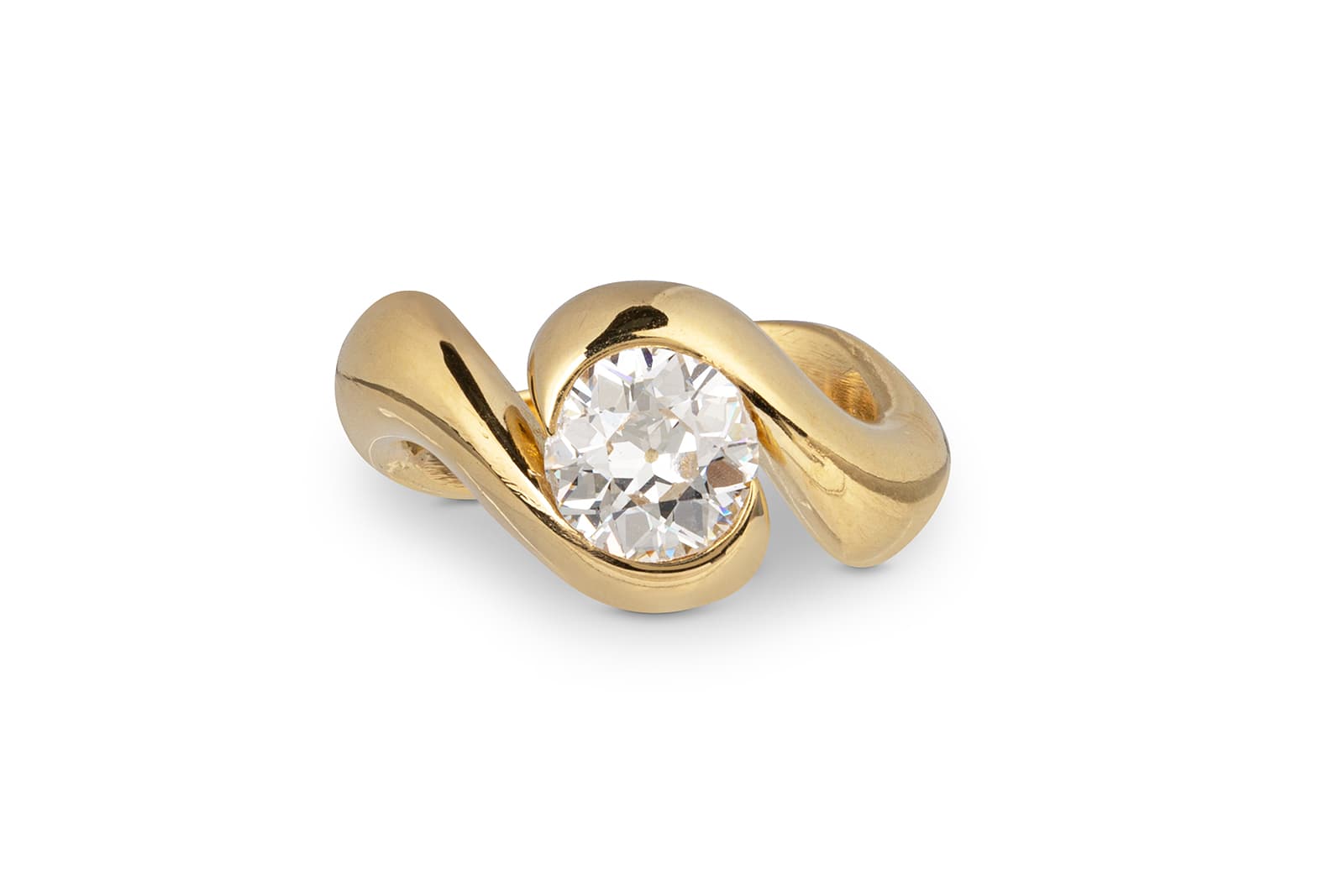  Jessie Thomas Crossover ring in 18k recycled gold with a 1.6 carat old-cut diamond